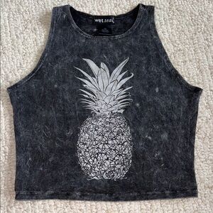Wet Seal Black Sleeveless Crop Top with Pineapple Design